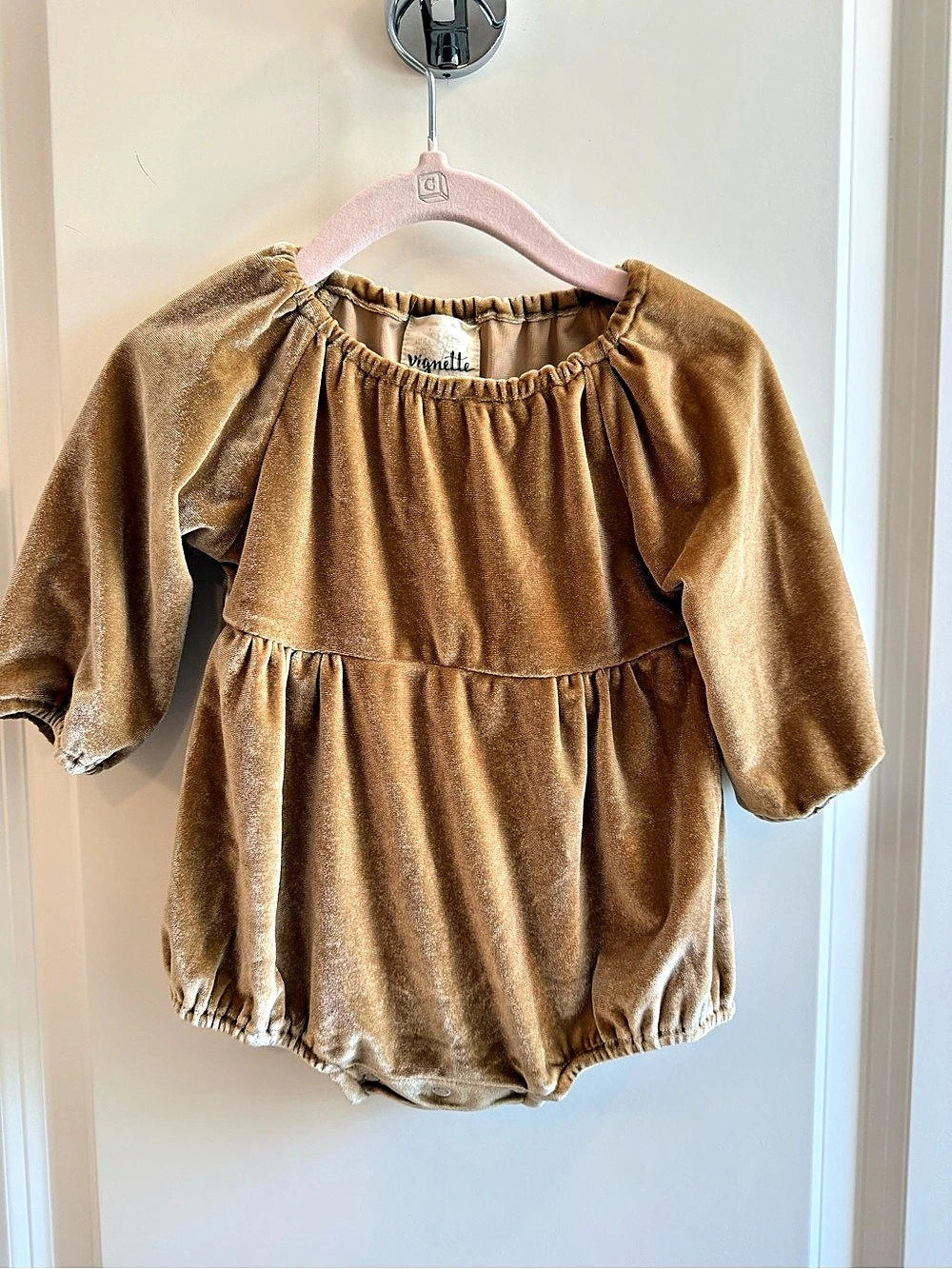 Vignette Velvet Bubble Romper 6-12M Brown Gold